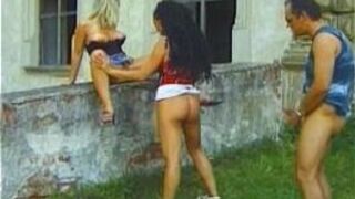 Two amazing girls sucking fucking lucky guy - porn video